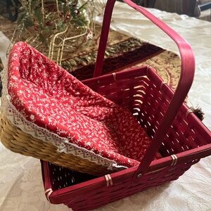 Red and Tan Woven Basket with Floral Lining